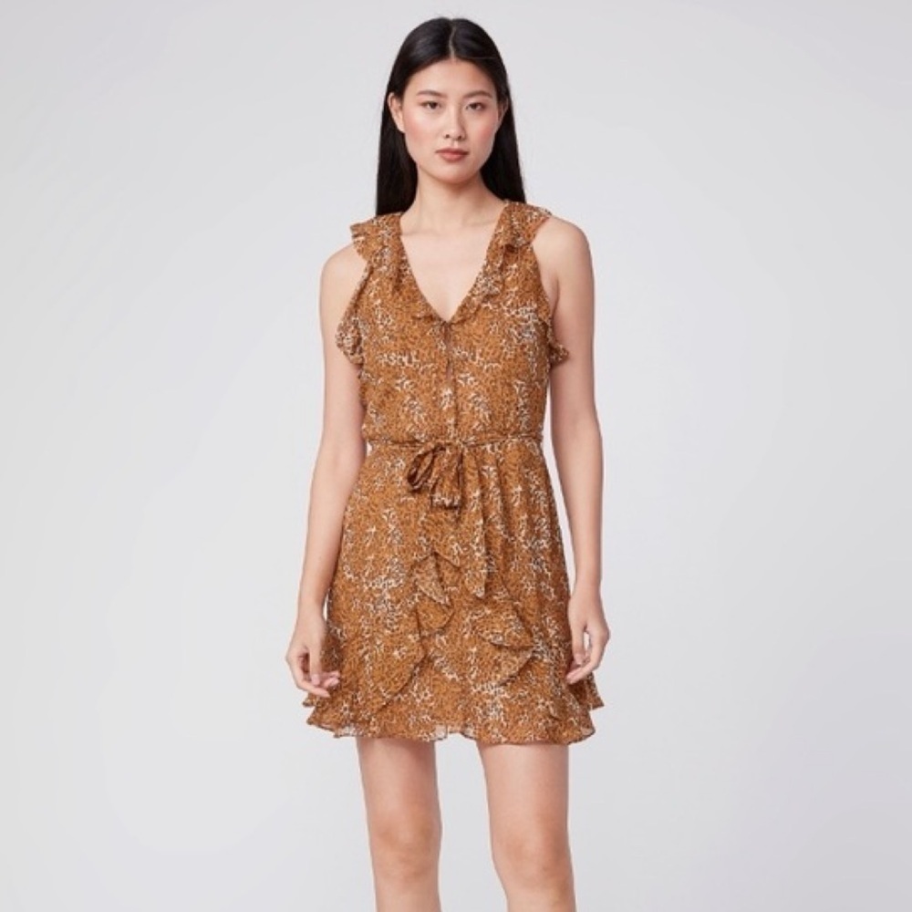 PAIGE TIA CARAMEL SPICE LEOPARD SILK RUFFLE MINI DRESS